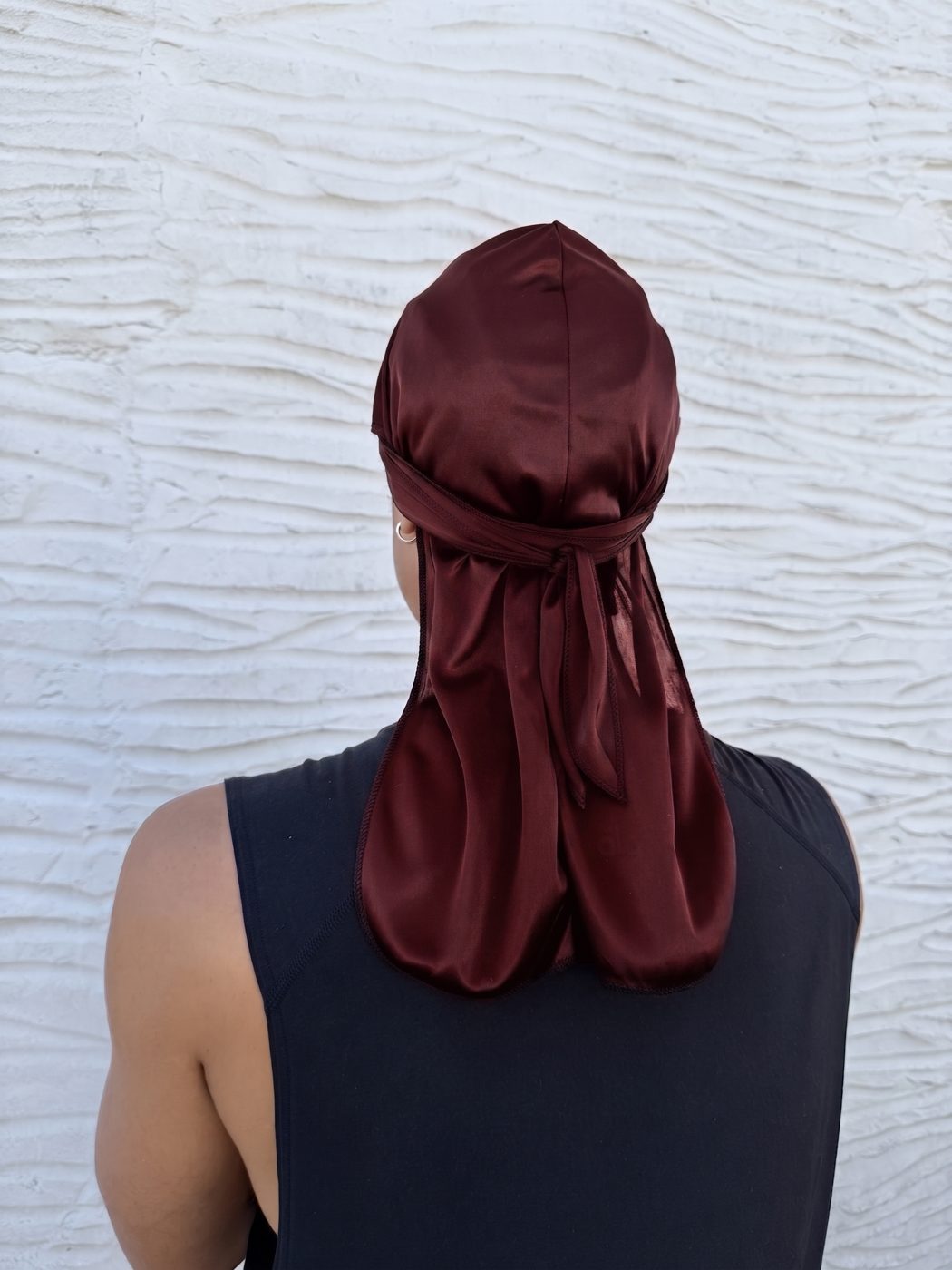 BoyKing durag in Oxtail, worn — back view showing the tied knot and cape